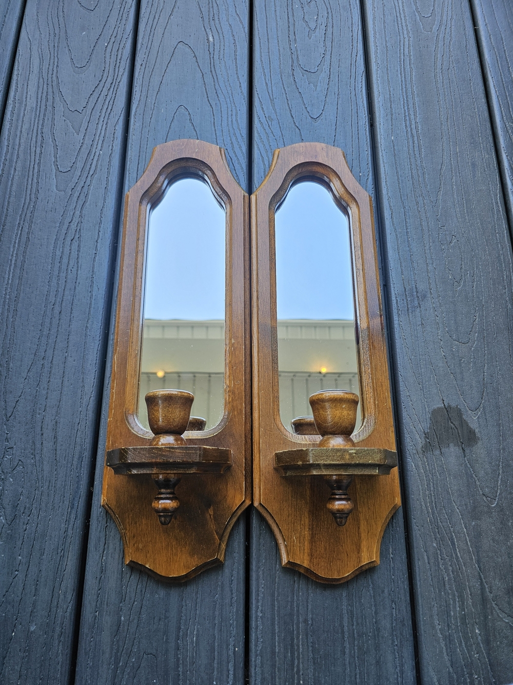 Vintage Mid-Century Homco Wood Mirror Wall Candle Sconces Pair